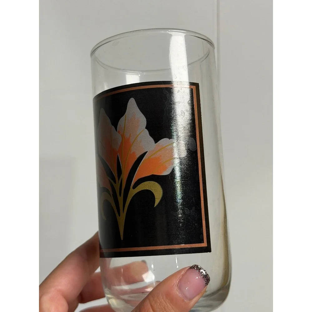 VTG Libbey‎ Tumblers Glasses Peach Iris MCM Floral Black Gold Set of 4 5.5